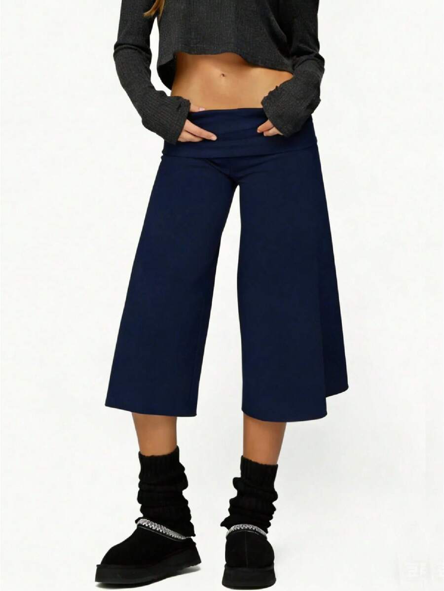 Fold Over Gaucho Pants Culottes For Women Low Rise Capris Foldover Flowy Going Out Flare Bottoms Wide Leg Capri Pants - Xanh đậm - Xem 1