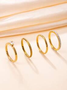 4pcs/Set Luxury European Style Stainless Steel Rhinestone & Cubic Zirconia Women's Ring Set, Suitable For Daily Wear And Gift - 4pcs/set - View 9