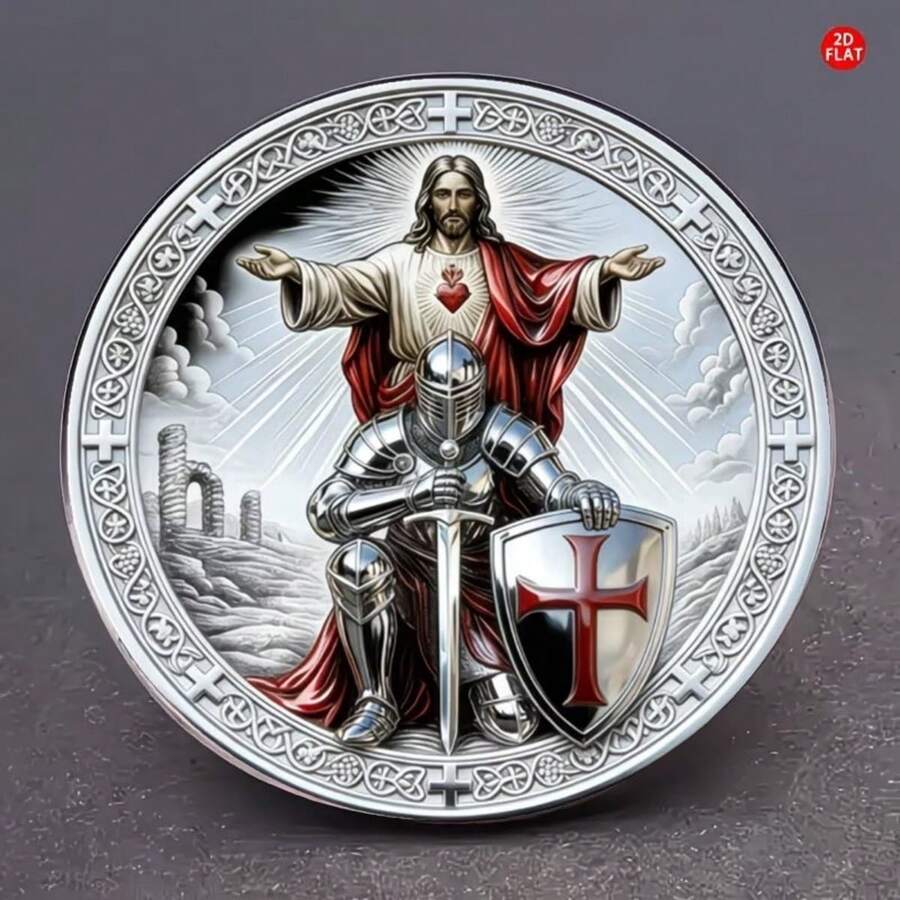 1pc 2D Flat Guardian Spirit Soldier & Sacred Heart Design Lapel Pin, Unique Holiday Gift Suitable For Daily Wear - A - View 1
