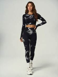 UONNOU Spring Tie Dye High Waist Yoga Leggings - Black and White - View 9