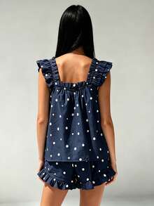 Women 2 Piece Pajamas Outfits Summer Dot Print Ruffled Trim Sleeveless Tank Tops and Shorts Set Sleepwear - Azul - Ver 2