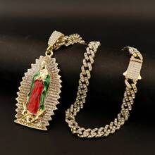 1 pièce Collier pendentif Vierge Marie mère de style hip hop rock punk plaqué or 14 carats pour hommes et femmes, chaîne cubaine épaisse - Le collier de la Vierge Marie - Voir 11
