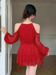 Vestido casual de mujer de unicolor elegante con mangas farol y hombros descubiertos - Negro - Ver 6