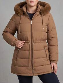Women's Plus Size Lined Bobojaco Jacket With Hood And Faux Fur Lining, Long Sleeves, Winter - Rỉ Nâu - Xem 8