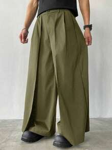 Niche Design Multi-Panel 2 In 1 Men's Loose Japanese Style Oversized Wide Leg Pants, Boyfriend Gifts,Christmas Gifts, Fall - 軍綠色 - 查看 8