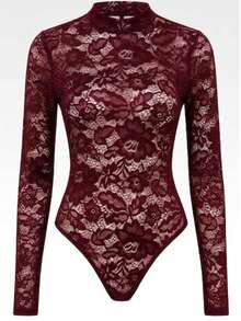 Lace Bodysuit With High Neck - Winter  - Fashion Look - Redwood - View 2