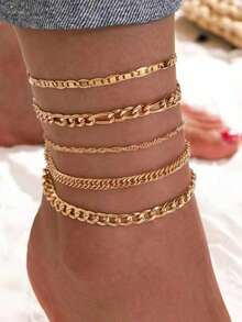 5pcs/Set Minimalist Chain Anklet,Suitable For Daily Play And Wearing - Gold - View 1