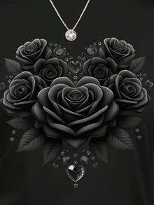 Camiseta de manga corta con cuello redondo y estampado de rosas y mariposas para mujer, ideal para el verano y la Navidad, adecuada para el ocio diario. - Negro - Ver 5