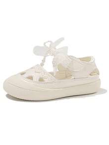 Soft White Hollow Floral Hook And Loop Sandals For Girls, Princess Style, Breathable Closed Toe Design, Lightweight Soft Sole For Comfortable Wear - Beige - View 10