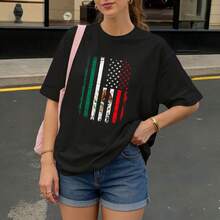 Camiseta Negra con Bandera Mexico Estados Unidos Estilo Vintage para Mujer Casual - Negro - Ver 3