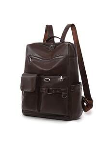LECEY 1pc Fashionable Minimalist Patchwork Design Large Capacity Women Backpack, Suitable For Outdoor Travel And Daily Use, Back To School - Coffee - View 4