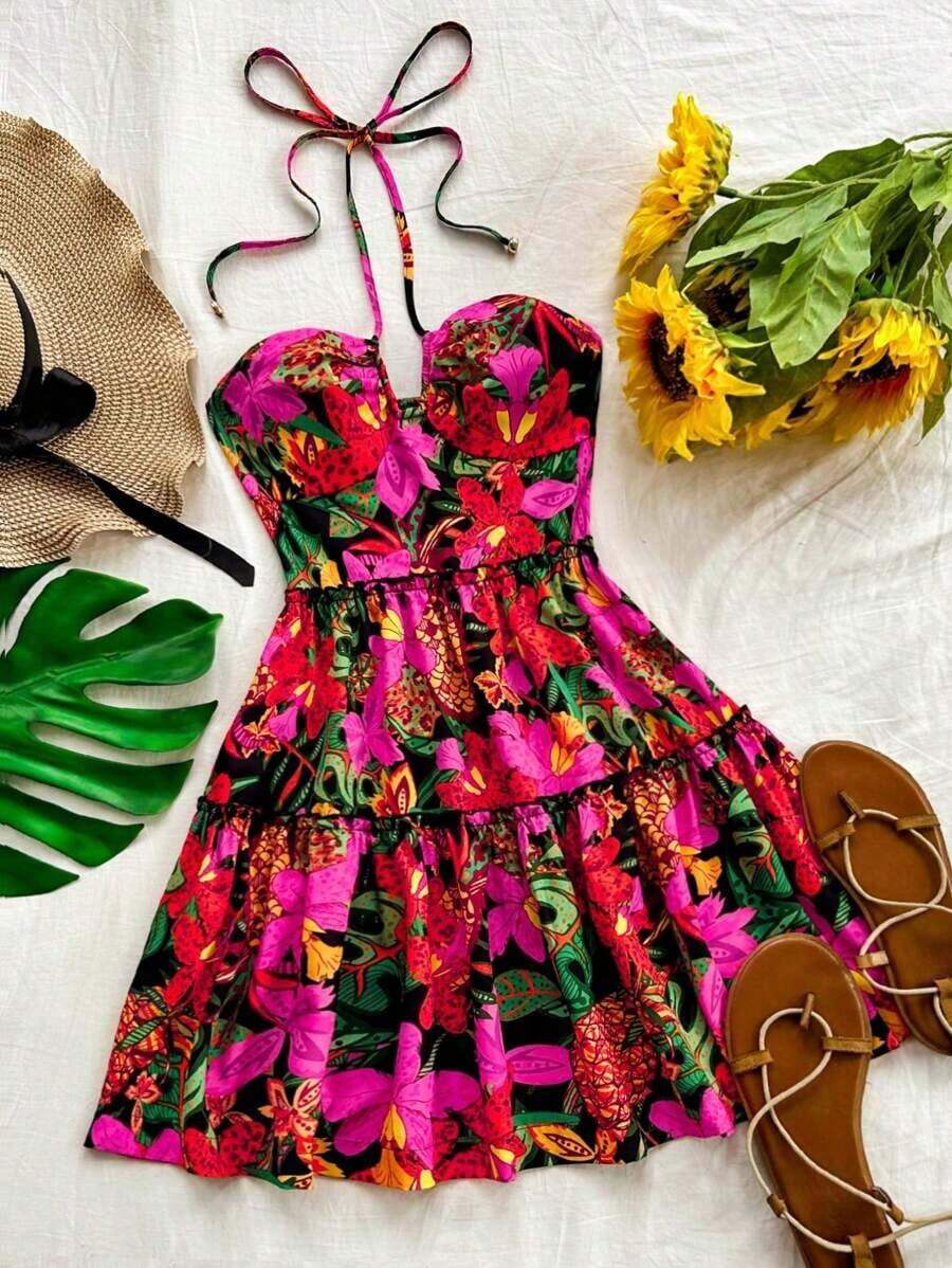 Women's Vacation Style Front Cut Out Tie Neck Ruffle Hem Decor Black Background Colorful Tropical Flower & Fruit Print Wedding, Beach, Music Festival, Summer Bohemian Party Dress - Multicolor - View 1