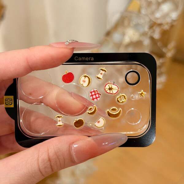 Shockproof Fruit Element Red Apple Star DIY Sticker+Suitable Compatible With Apple 17 Pro Max/17 Pro Lens Film, Compatible With Apple 17 Pro Transparent Full-Coverage Protective Case, Transparent Camera Film Protection Mother's Day Gift