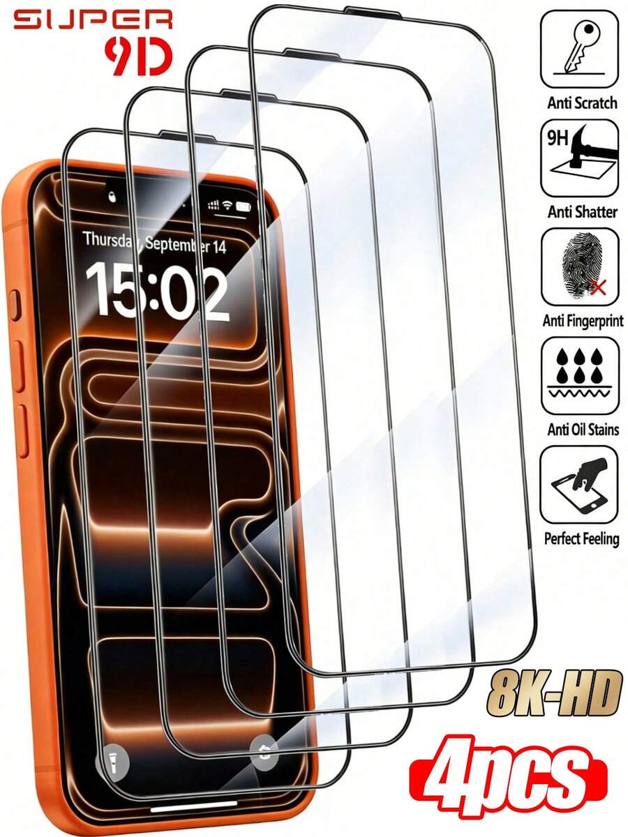 4pcs Ultra-Clear 9D Full Screen Coverage Tempered Glass Screen Protector - Suitable For IPhone 17 Pro Max/17 Pro/17 Air/17e, 16 Pro Max/16 Pro/16 Plus/16e, 15 Pro Max/15 Pro/15 Plus/15, 14/13/12/11/X Series. AR High-Quality 9H Hardness Tempered Glass Material. Anti-Oil, Anti-Scratch, Anti-Fingerprint, Dust Protection