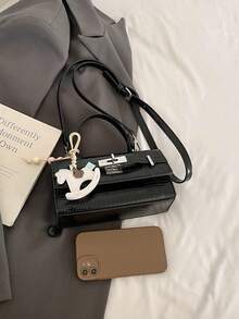 Fashionable Crocodile Embossed Small Square Bag, New Luxury Feeling Shoulder Crossbody Handbag, Commuting Tote - Black - View 7