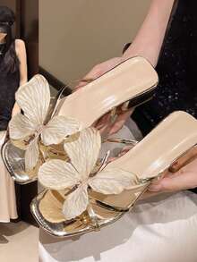 2026夏季新款法式厚底镜面金色凉鞋，时尚百搭金色蝴蝶装饰绑带优雅高跟凉鞋，女士款 - 金色 - 查看 2