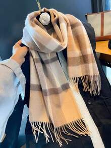 1pc 100% Wool Plaid Scarf, High-Quality Women's Shawl, New Winter Warm Gift,Holiday,Travel Essential - Khaki - View 2