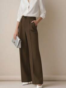 Women's Minimalist 2-Pieces Set: High-Waisted Wide-Leg Pants, Classic Navy Blue And Coffee Color, Front Pleated Waistband, Modern Low-Key Luxury Office & Casual Pants Set, Effortlessly Elegant Professional And Streetwear Style Bottom - Multicolor - View 9