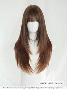 Tóc giả dài 24 inch màu nâu ombre, kiểu tóc thẳng nhiều lớp dành cho nữ - Tóc giả thanh lịch có mái - Chân tóc tối màu, trông tự nhiên, bồng bềnh, rất mềm mại, làm từ sợi tổng hợp chịu nhiệt, tóc giả nguyên đầu được làm bằng máy, thích hợp làm quà tặng hàng ngày cho bạn bè. - Màu nâu ombre - Xem 4