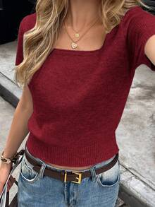 Just Masa Women's Summer Casual Knit Top,Square Neck Short Sleeve Fitted Basic Soild Color Sweater, For Casual,Vacation,Commute,Date,Daily Wear - Burgundy - View 6