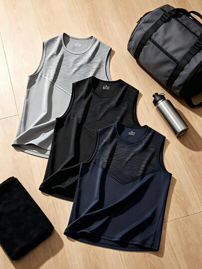 3件装男士夏季条纹无袖背心，休闲健身T恤，适合运动、户外活动和日常穿着