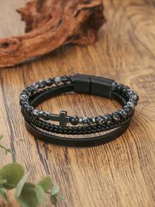 1pc Retro Cross Decor Men's Layered Beaded & PU Leather Bracelet, Natural Stone Beaded Magnetic Clasp Bracelet For Daily Wear & Gift - Multicolor - View 7