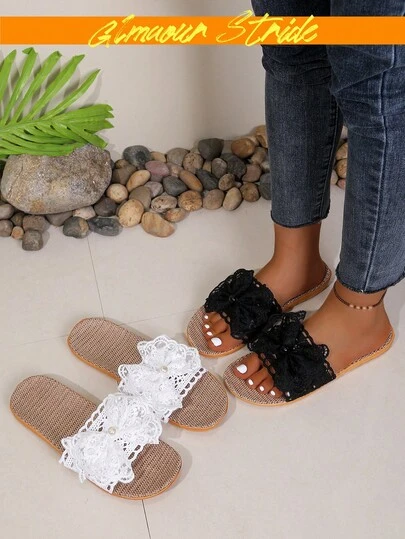 (If Your Feet Are Wide Or Large, It Is Recommended To Choose A Size Slightly Larger) Women's Lace Bow Knitted Linen Slippers, Breathable And Cool Soles, Lightweight Open-Toe Slides, Ideal For Travel And Outdoor Wear