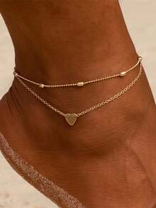 2pcs Vintage Elegant Minimalist Heart Shaped Anklets For Women, Adjustable Gold Chain, Fashionable Casual Accessory Suitable For Beach, Vacation, Daily Wear - Gold - View 1