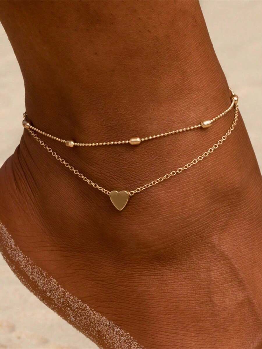 2pcs Vintage Elegant Minimalist Heart Shaped Anklets For Women, Adjustable Gold Chain, Fashionable Casual Accessory Suitable For Beach, Vacation, Daily Wear - Gold - View 1