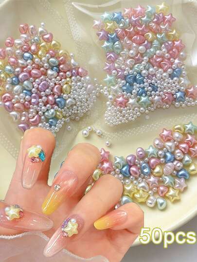 50Pcs Colorful Star Love Shaped Pearl Beads Nail Art Charms For Jewelry Making DIY Bracelet Necklace Earrings Hair Accessories Craft Supplies