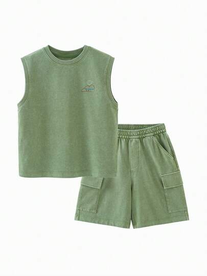 mini bala Bộ đồ mùa hè 2026 cho bé trai, kiểu dáng công sở, chất liệu cotton mềm mại, áo không tay và quần short, bền, thoáng khí, thích hợp mặc đi học hoặc chơi ngoài trời.