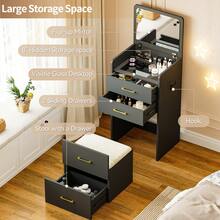 HNEBC 3-In-1 Vanity Desk With Flip Mirror, Makeup Vanity With Drawers & Stool, Compact Vanity Desk For Bedroom, Multi-Function Dresser For Women, Girls - 黑色 - 查看 9