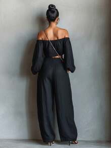 Conjunto de top corto de hombros descubiertos y pantalones de pierna ancha - Negro - Ver 3