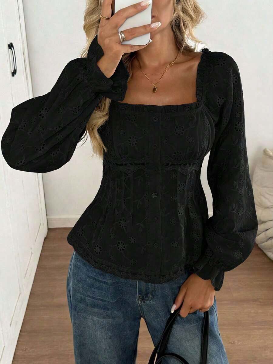 2026 Blusa de estilo casual y elegante para oficina con cuello cuadrado, volantes, mangas abullonadas, parches de encaje, cintura ceñida, corte evasé, bordados, textura de jacquard, para mujeres en otoño, color blanco - Negro - Ver 1