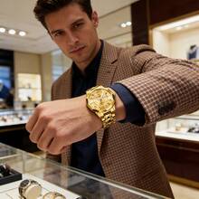 Men's Luxury Watch With Large Dial, Luminous Hands & Dual Date Display - Analog Wristwatch, Stainless Steel Suitable For Business, Professional & Casual Attire - Golden Watch For Men - Golden and Silvery - View 1