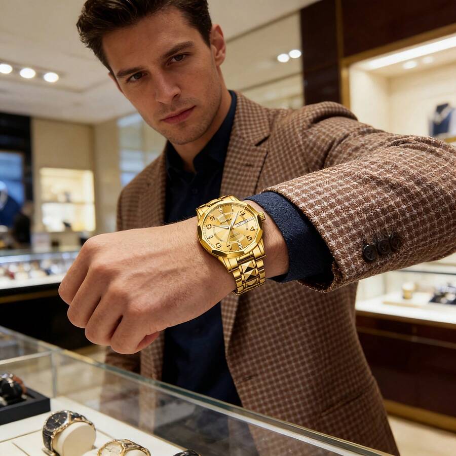 Men's Luxury Watch With Large Dial, Luminous Hands & Dual Date Display - Analog Wristwatch, Stainless Steel Suitable For Business, Professional & Casual Attire - Golden Watch For Men - Golden and Silvery - View 1