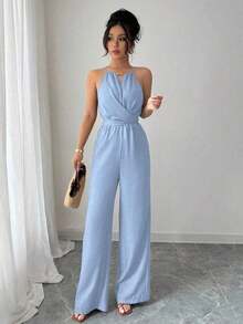 Women& # 39;S Casual Blue Wrinkled Fabric Sleeveless Halter Beaded Waist Twist Design Straight Jumpsuit Tie Bow Design At Back, Spring And Summer Royal Blue Group Purchase Sky Blue Group Buy Cerulean Blue - Màu xanh nhạt - Xem 7
