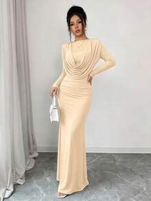 abyoxi Vestido maxi elegante de mujer de color albaricoque, suave y brillante - Presenta cuello drapeado, diseño con capucha y bajo de cola de pez, ideal para dama de honor, boda, té de la tarde, celebración de Año Nuevo y talla grande en primavera - Albaricoque - Ver 3