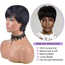 Pixie Cut Perücke aus Echthaar für Frauen, Pixie Cut Perücken mit Pony, 100% Echthaar, natürliche Farbe - Natural Black - Übersicht 6
