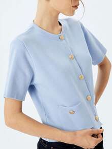Women's Elegant Casual Knit Short Sleeve Top, Minimalist Solid Color Round Neck Knit Short Sleeve Cardigan, Outdoor Wear Summer - Blue - View 3
