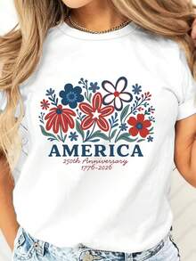Casual T-Shirt America 250th Anniversary Floral Design Independence Day Celebration Patriotic Summer Outfit For Women And Men - 白色 - 查看 1
