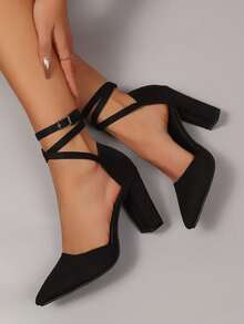 Women's High Heels, High Heel Sandals, Sandals, Pointed Toe Office Work Shoes, Criss-Cross Strap One-Buckle Thick Heel Mid-Heel Suede Shoes, Summer - Black - View 4