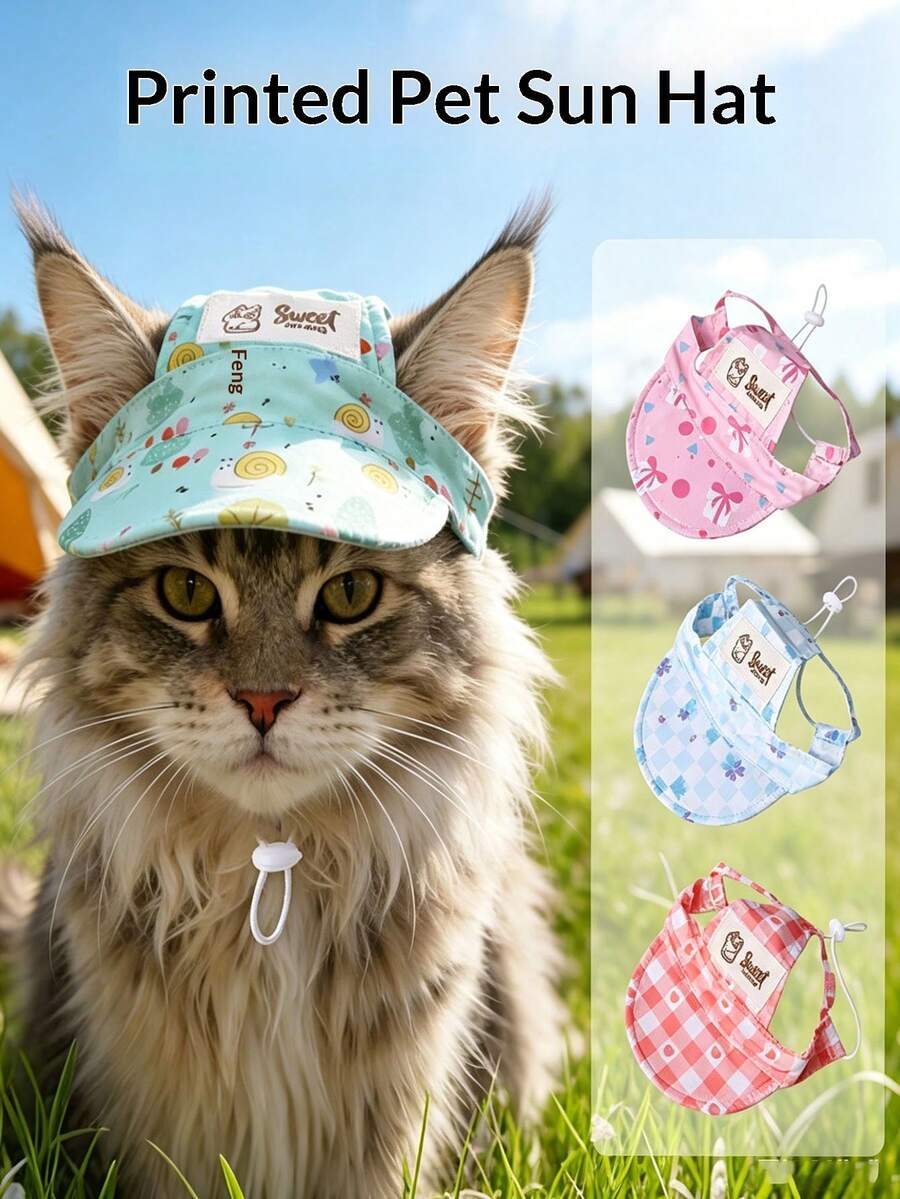 1pc Fashionable Cat Sun Hat, Pet Hat With Cute Print, New Style Face-Flattering Sun Protection Headwear For Cats - Multicolor - View 1