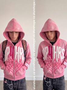 Men's Y2K Pink Gradient Zip Up Hoodie Spider Web Letter Patch Streetwear Oversized Sweatshirt.Vintage Washed Pink Zip Up Hoodie Y2K Streetwear Up4hrs Inspired Oversized Sweatshirt - 粉色 - 查看 1