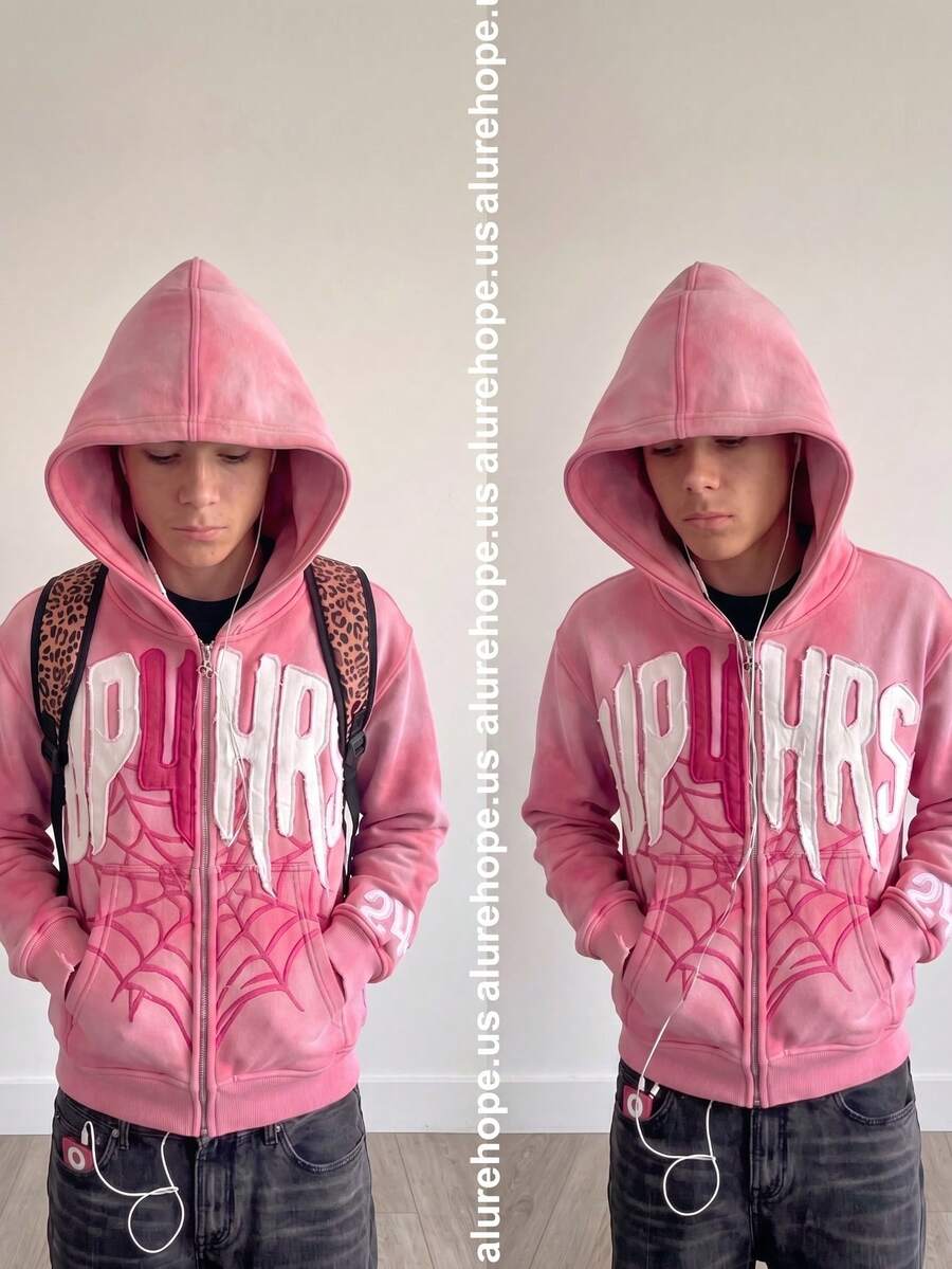 Men's Y2K Pink Gradient Zip Up Hoodie Spider Web Letter Patch Streetwear Oversized Sweatshirt.Vintage Washed Pink Zip Up Hoodie Y2K Streetwear Up4hrs Inspired Oversized Sweatshirt - 粉色 - 查看 1
