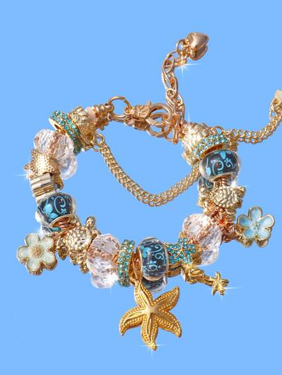1 pieza Pulsera con dije de flor de cerezo clásica, pulsera de estilo marino con estrella de mar y concha DIY, pulsera con dije de flor de cerezo azul, pulsera con flor de cerezo y estrella de mar púrpura