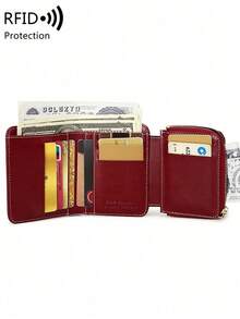 MIYIN Fashionable Retro Women's Short Wallet, Multifunctional Snap Coin Purse & Bill Clip, Zipper Credit Card Holder, Tri-Fold RFID Blocking PU Leather Card Slots With ID Window, Suitable For Women, Girls, Postgraduates, College Students, Young Ladies And Office Ladies For Daily Use (Wine Red) - 勃根地 - 查看 5