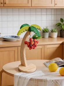 1pc Wooden Banana Holder Rack, Home Storage Organizer For Living Room, Fruit Display Shelf (With Artificial Leaves), Vertical Fruit Rack, Multi-Function Rack With Stainless Steel Hook, Banana Shaped Rack - Yellow - View 5
