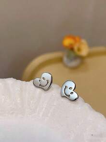 1 Đôi bông tai thời trang tối giản hình mặt cười và trái tim rỗng bằng bạc, trang sức thép không gỉ, quà tặng đôi unisex, bông tai phong cách tối giản hàng ngày. - Bạc - Xem 8