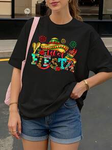Camiseta Negra con Estampado de Fiesta Mexicana para Mujer Ideal para Fiestas y Eventos Temáticos - Negro - Ver 1